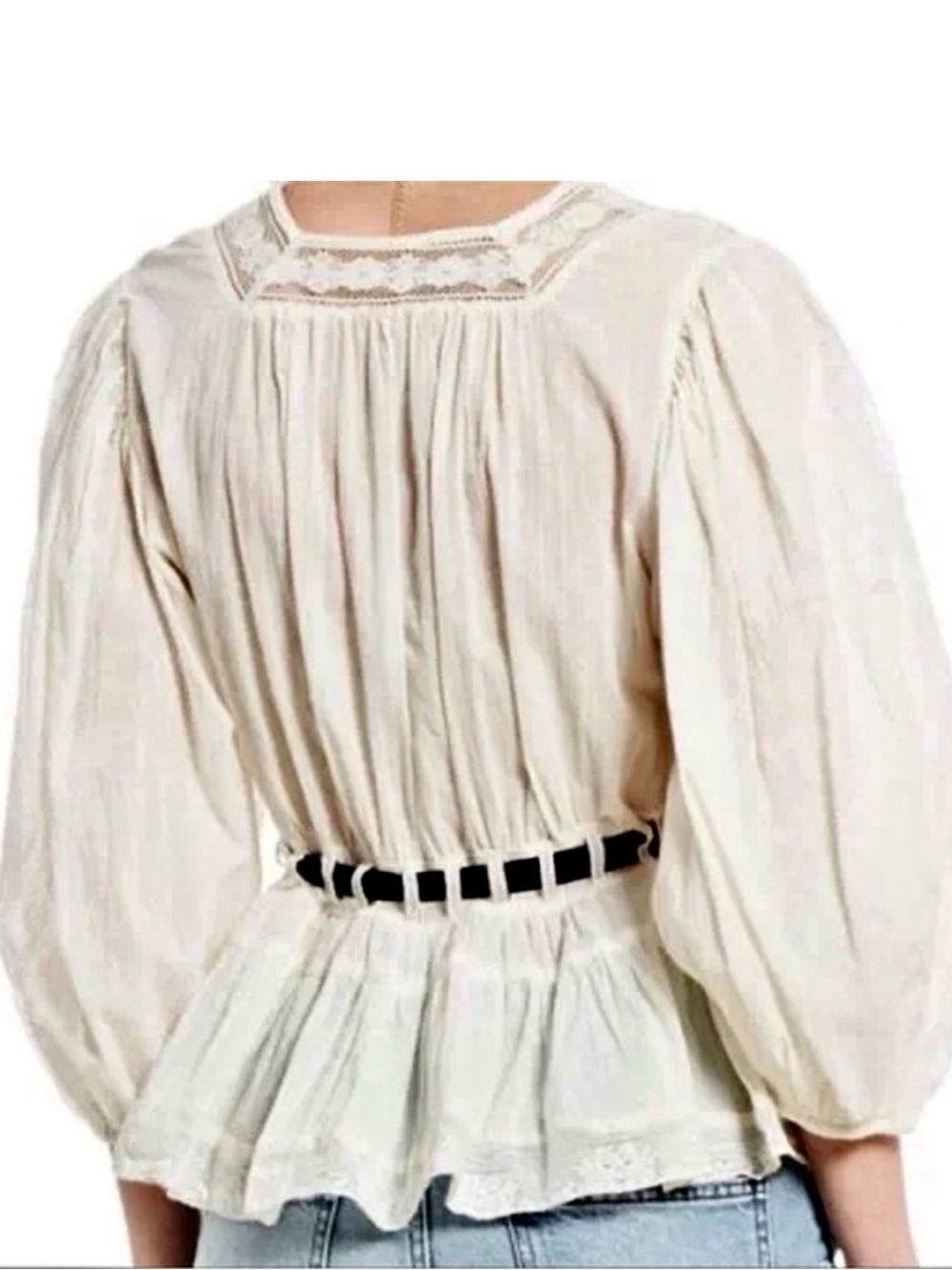 Free People Ivory Lace Peplum Blouse with Navy Ribbon MWOT - Picture 6 of 9